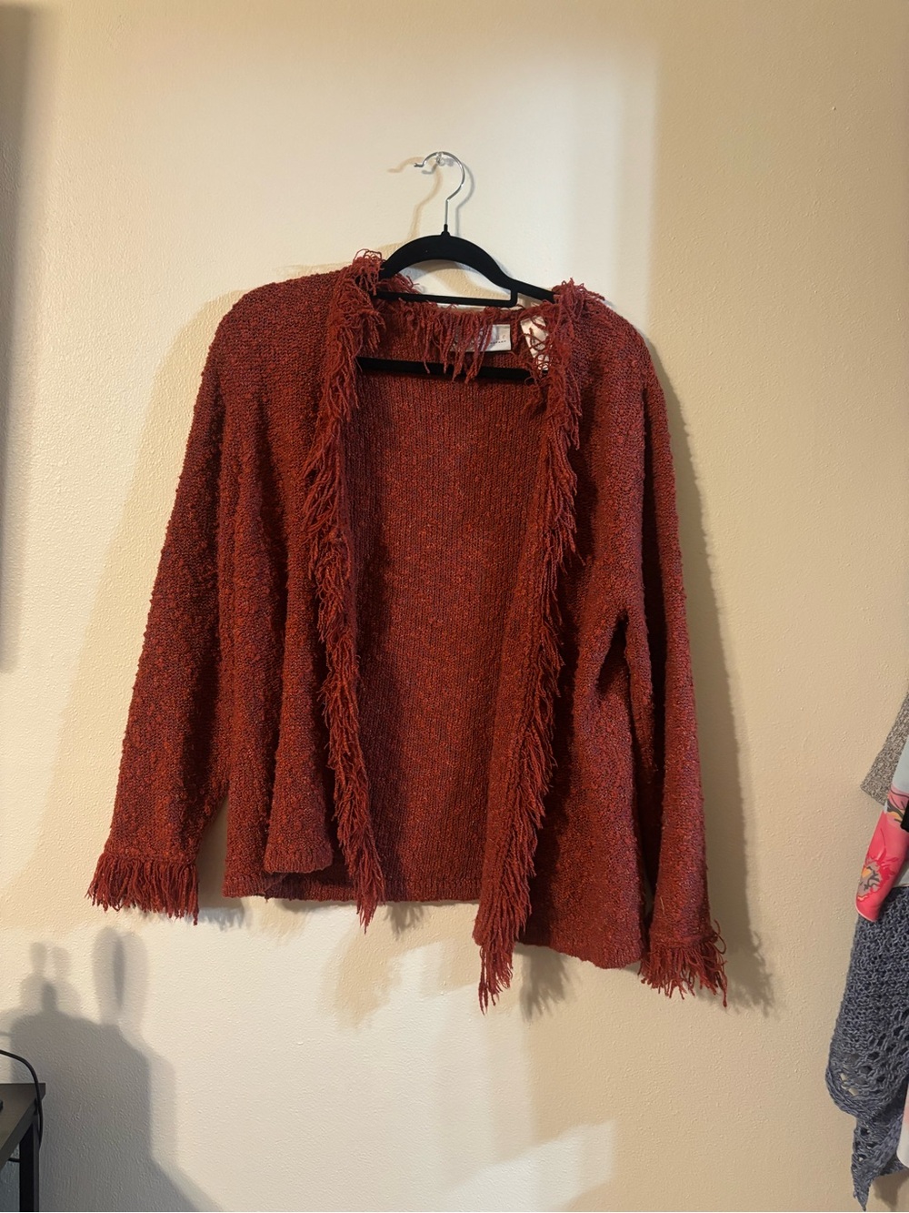 Fringed Open-Front Cardigan Sweater - Rust